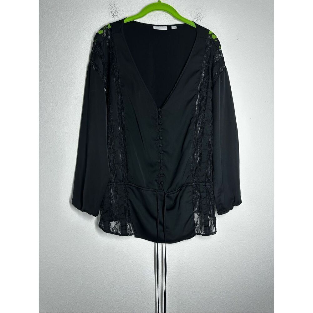 New York & Company Bohemian Black Satin Lace Inset Button Tie Waist Top Size XL